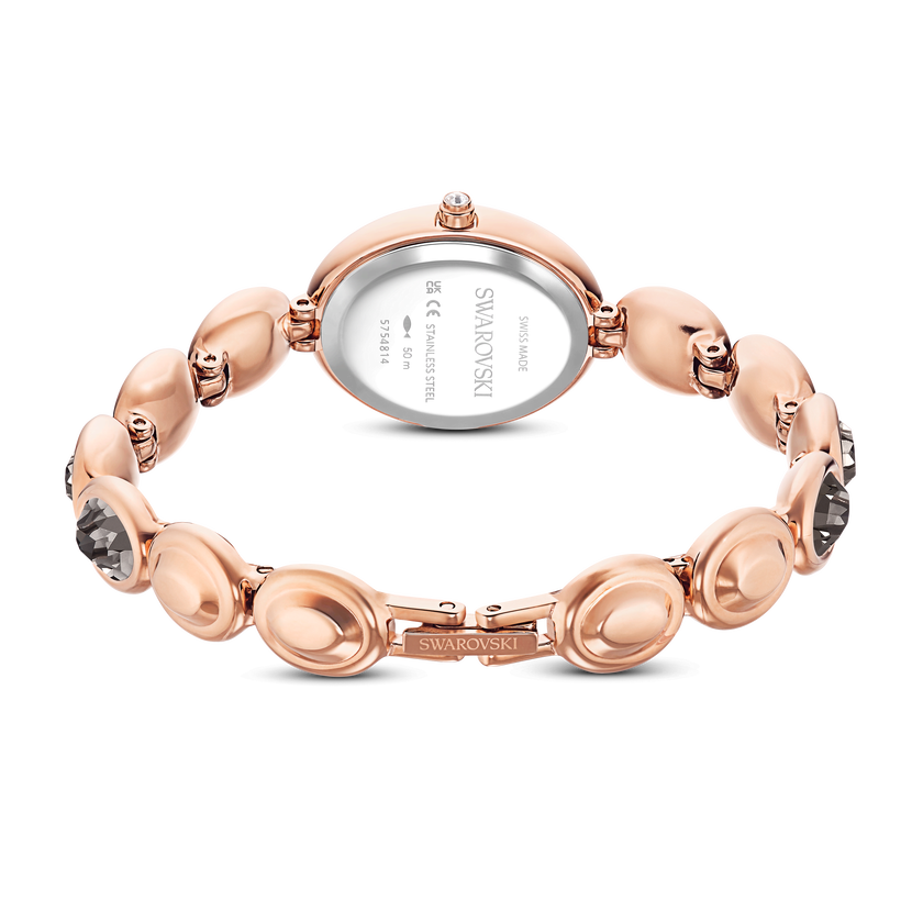 swarovski ساعة بيضاوية imber، سويسرية الصنع، سوار معدني، لون أسود، لمسة نهائية باللون الذهبي الوردي