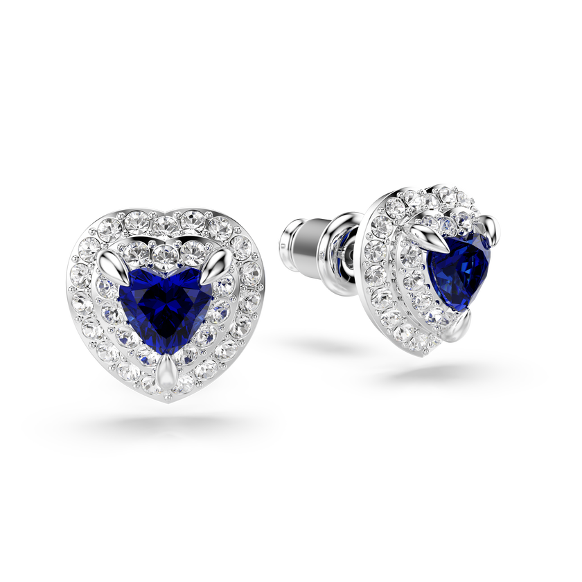 swarovski أقراط دبوسية one، قطع على شكل قلب، أحجار كريستال صغيرة متراصة، شكل قلب، لون أزرق، طلاء روديوم