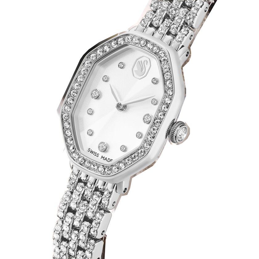 swarovski ساعة مثمنة dextera، سويسرية الصنع، سوار معدني، لون فضي، ستانلس ستيل