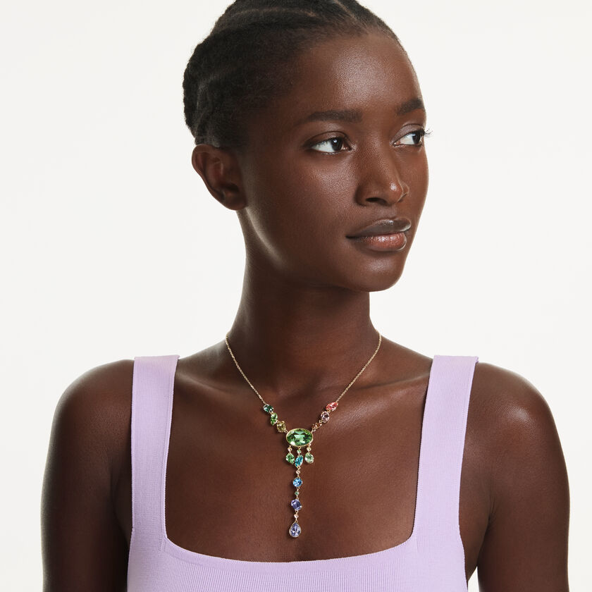 swarovski عقد gema على شكل حرف y، قطع متنوع، ألوان متعددة، طلاء باللون الذهبي