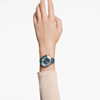 swarovski ساعة octea chrono، صناعة سويسرية، سوار جلد، لون أخضر، لمسة نهائية بلون ذهبي وردي