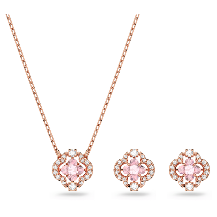 swarovski طقم una، قطع مختلط، على شكل زهرة البرسيم، لون وردي، طلاء ذهبي وردي