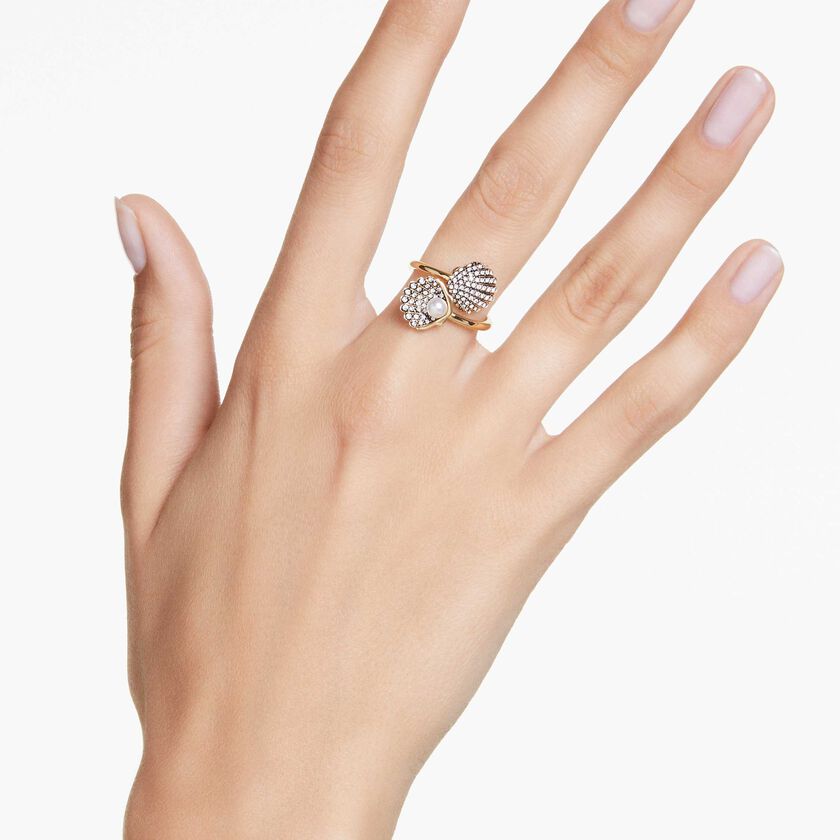swarovski خاتم مفتوح idyllia، لؤلؤة كريستال، شكل صدفة، لون أبيض، طلاء بلون ذهبي