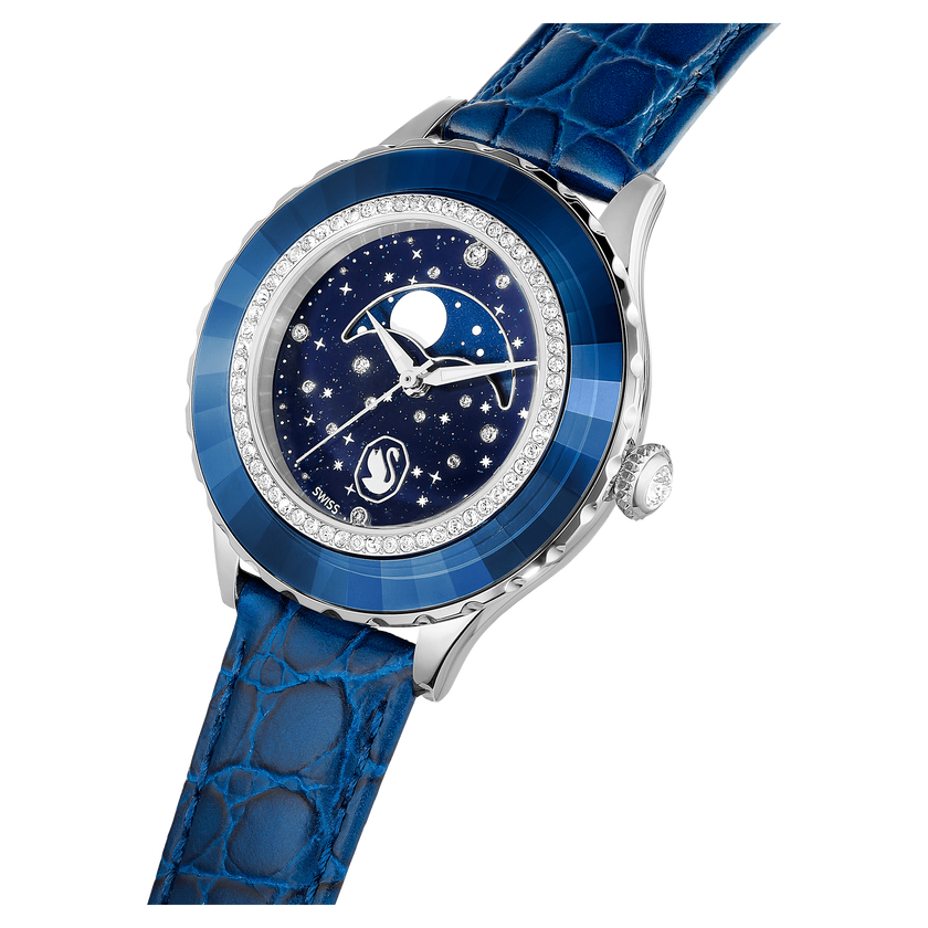 swarovski ساعة octea moon، صناعة سويسرية، شكل قمر، سوار جلد، لون أزرق، ستانلس ستيل