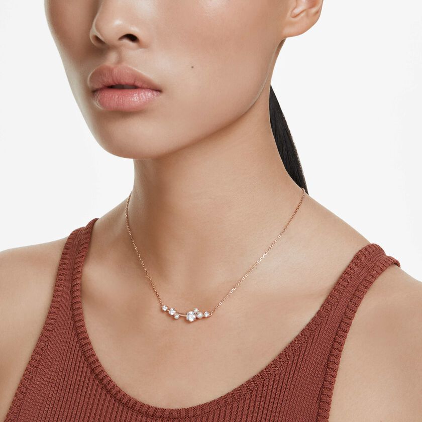 swarovski عقد constella، لآلئ كريستال، قطع مستدير، لون أبيض، طلاء باللون الذهبي الوردي