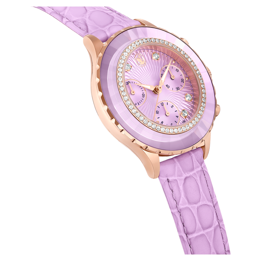 swarovski ساعة يد octea chrono، صناعة سويسرية، سوار جلد، لون أرجواني، لمسة نهائية باللون الذهبي الوردي