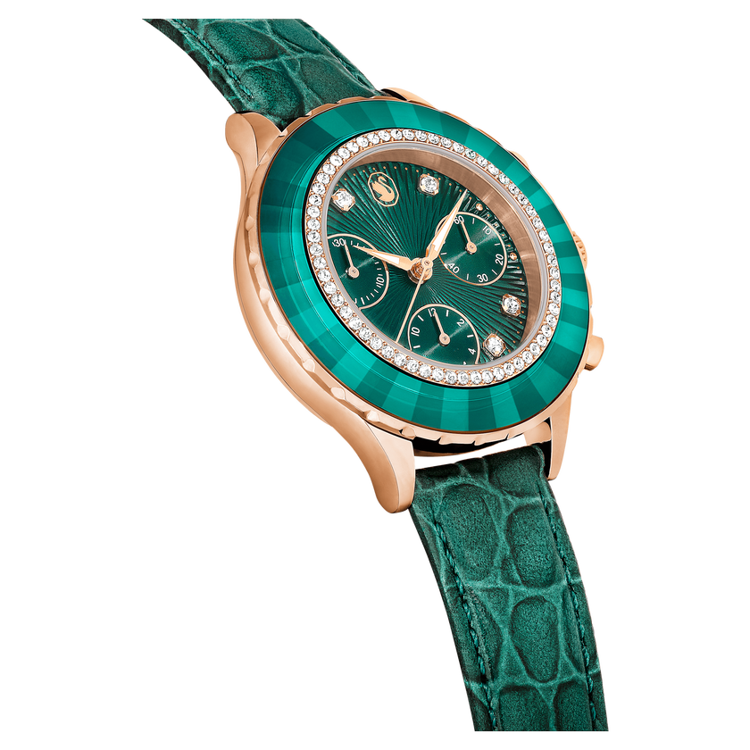 swarovski ساعة يد octea chrono، صناعة سويسرية، سوار جلد، لون أخضر، لمسة نهائية بلون ذهبي وردي
