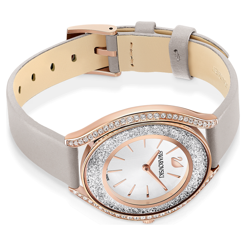 swarovski ساعة crystalline aura، صناعة سويسرية، حزام جلد، لون رمادي، لمسة نهائية بلون ذهبي وردي