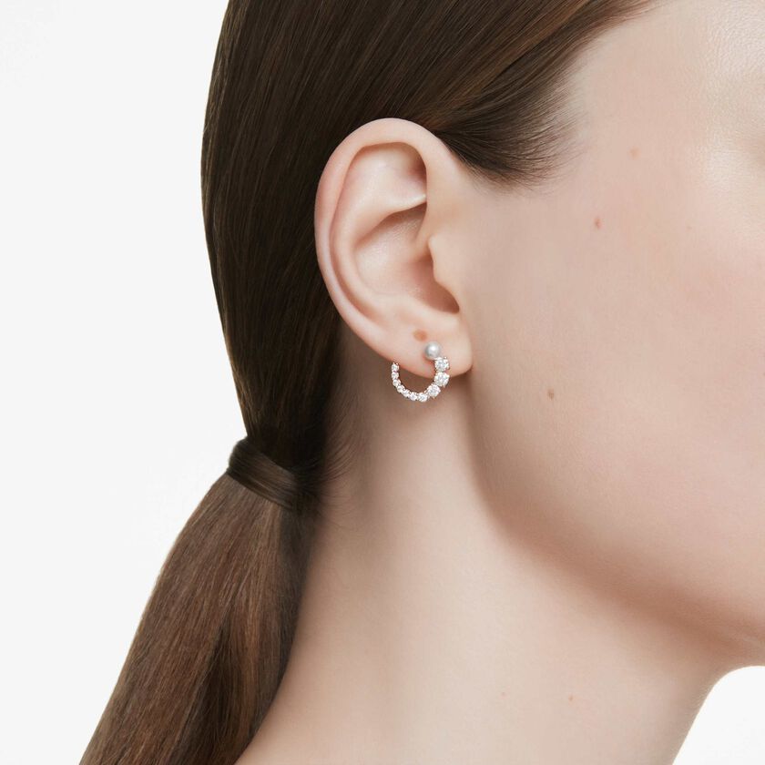 swarovski أقراط حلقية matrix، لؤلؤة كريستال، قطع مستدير، لون أبيض، طلاء باللون الذهبي الوردي