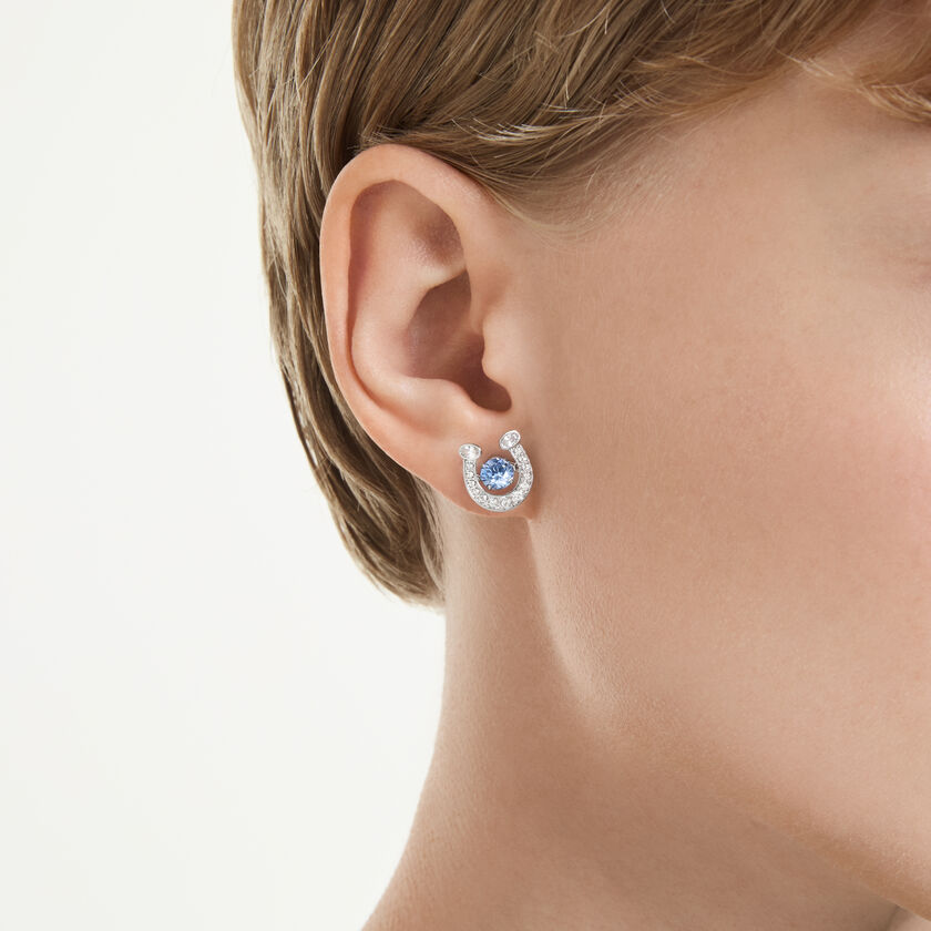 swarovski أقراط دبوسية symbolica، قطع مستدير، أحجار كريستال صغيرة متراصة، شكل حدوة حصان، لون أزرق، طلاء روديوم