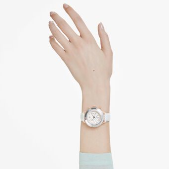 swarovski ساعة octea chrono، صناعة سويسرية، سوار جلد، لون أبيض، لمسة نهائية بلون ذهبي وردي