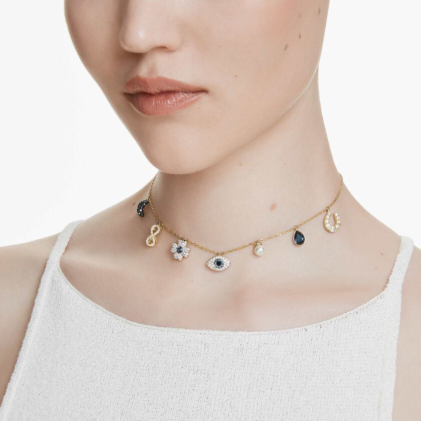 swarovski عقد شوكر symbolica، حلية على شكل هلال، حلية على شكل إنفينيتي، حلية على شكل زهرة برسيم، حلية على شكل عين الحسود، حلية على شكل حدوة حصان، لون أزرق، طلاء باللون الذهبي
