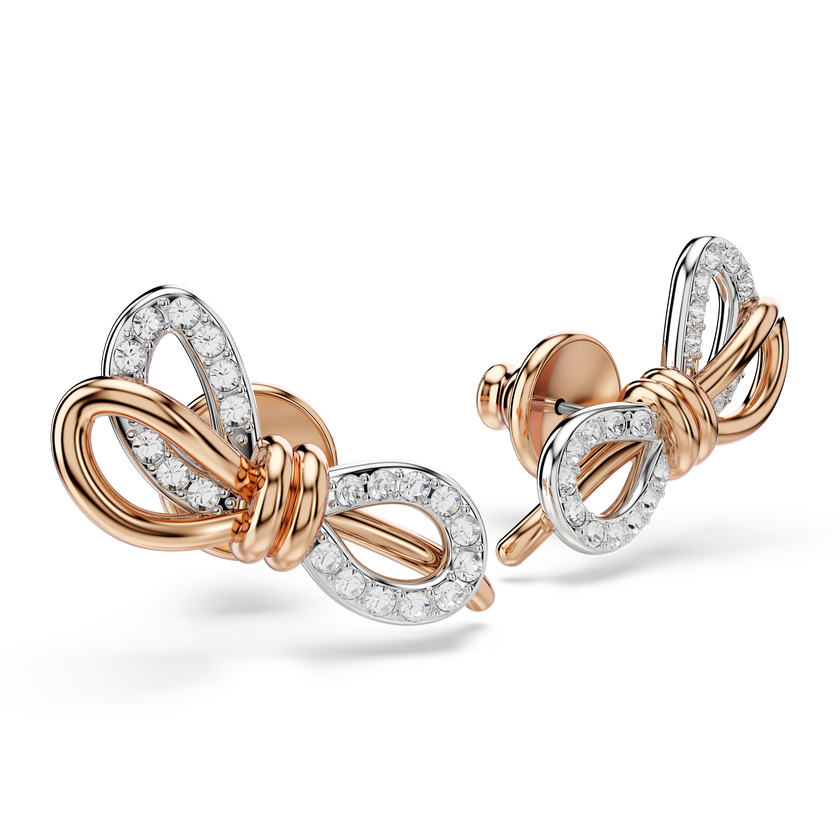 swarovski أقراط دبوسية lifelong، أحجار كريستال صغيرة متراصة، شكل أنشوطة، لون أبيض، لمسة نهائية من معادن مختلطة